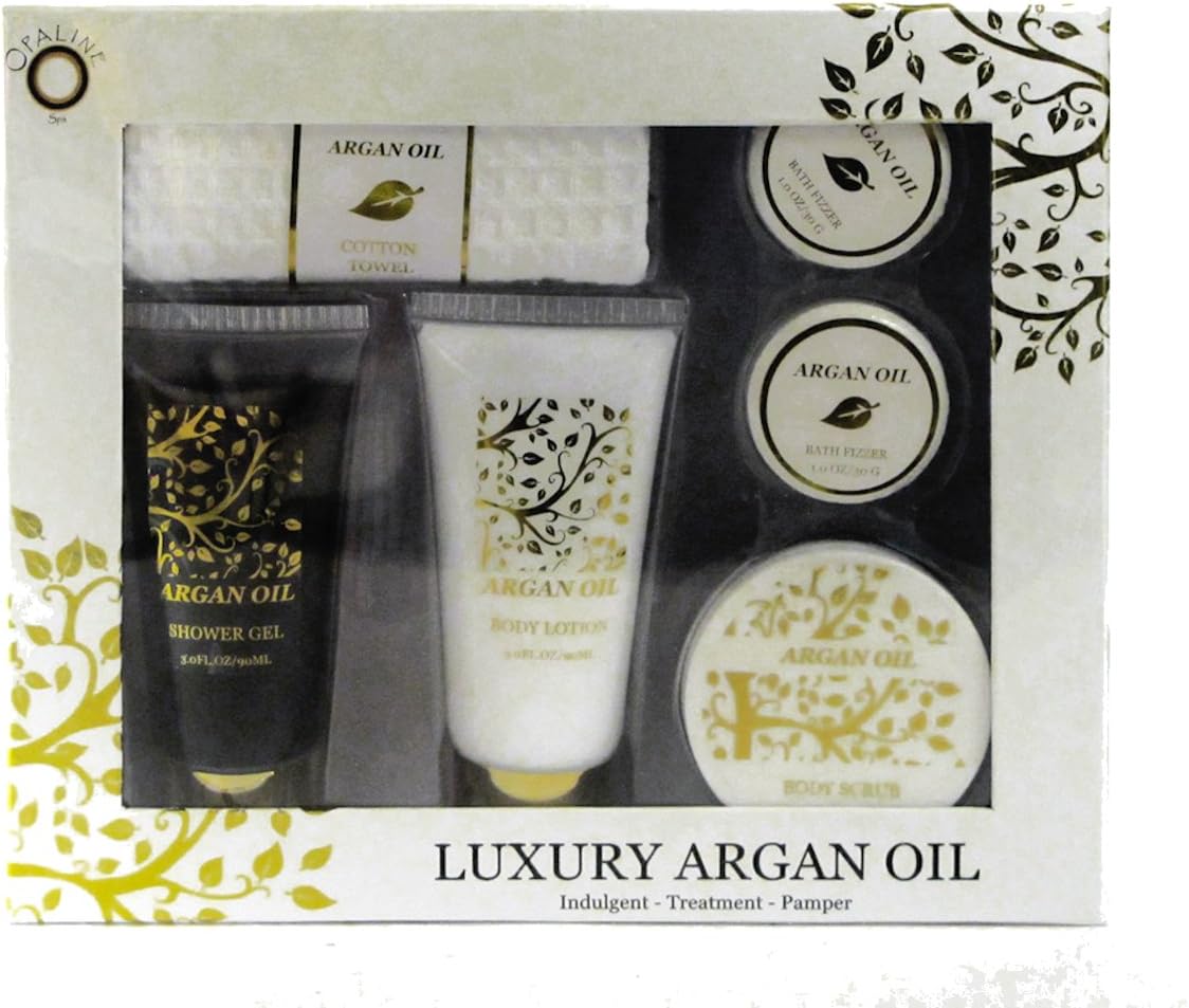 Luxury Argan Oil Bath Spa Set Shower Gel Body Lotion Scrub 2 Bath Fizzers 1 Waffle Face Towel