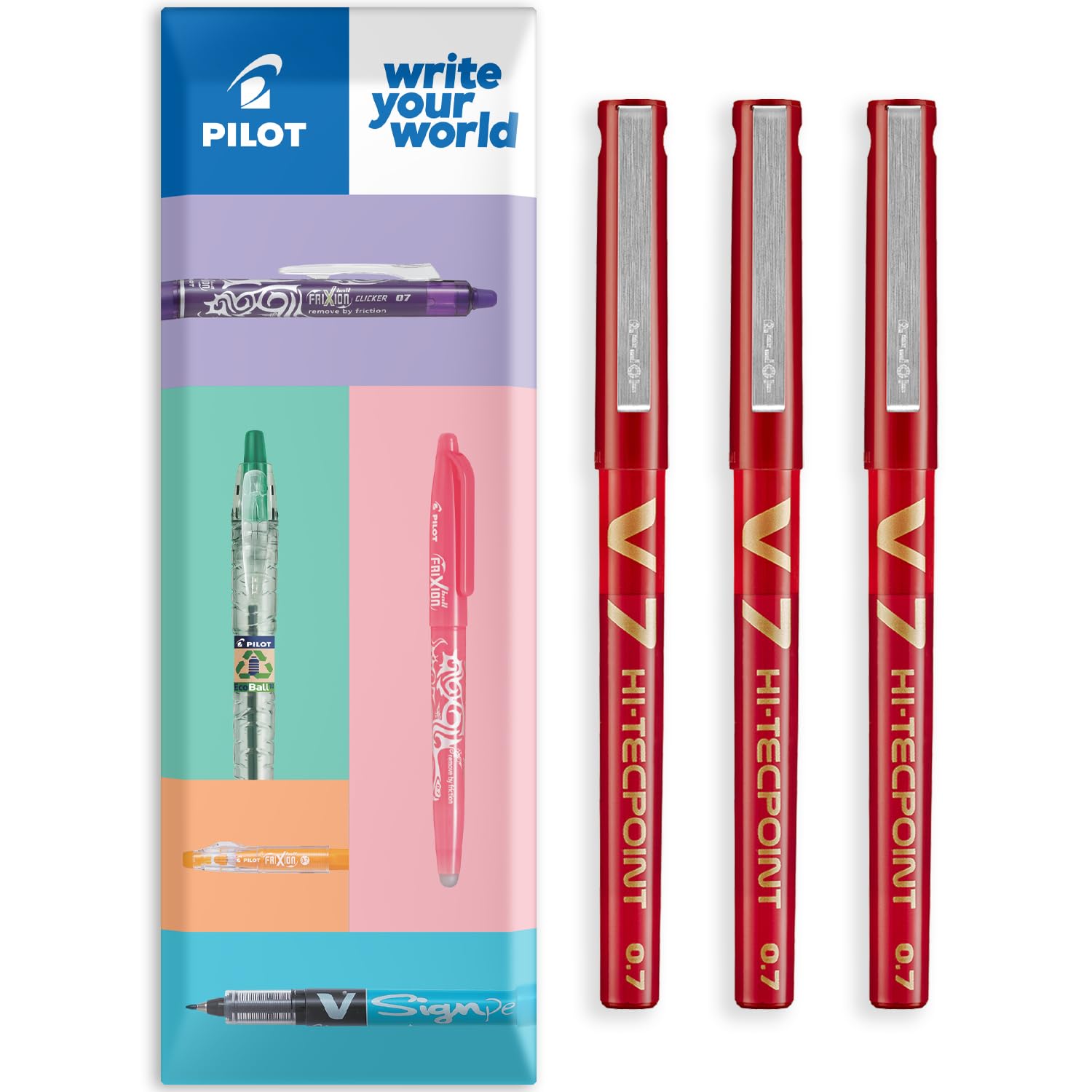 PILOT V7 Hi-Tecpoint Rollerball Pen - Liquid Ink - Medium 0.7mm Nib - In Envelope Gift Packaging - Pack of 3 (Red)