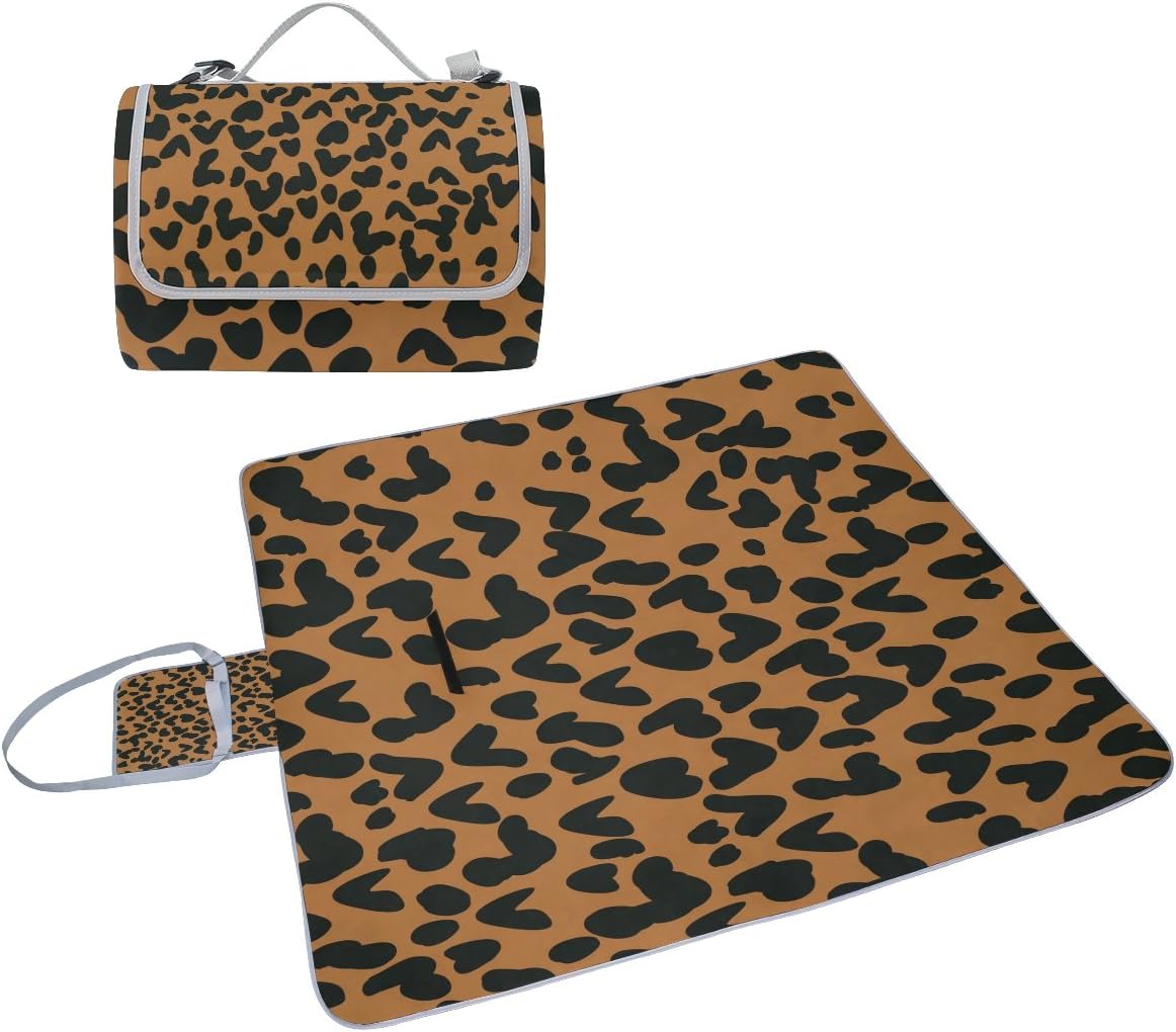 COOSUN Leopard Print Picnic Blanket Tote Handy Mat Mildew Resistant and Waterproof Camping Mat for Picnics, Beaches, Hiking, Travel, RVing and Outings