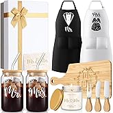 Singhoow 12 Pcs Wedding Gifts for Couples Valentine Mr Mrs Glass Cups Aprons Charcuterie Board Candle Butter Knife Box for Newlywed Bridal Shower Engagement Anniversary His Her