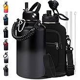 64OZ Insulated Sports Water Bottle - Large Half Gallon Stainless Steel Flask Water Bottles 64 oz, Leak Proof, Double Walled, BPA Free, Sweat-Proof Water Jug with Straw, Keep Cold-48H & Hot-24H