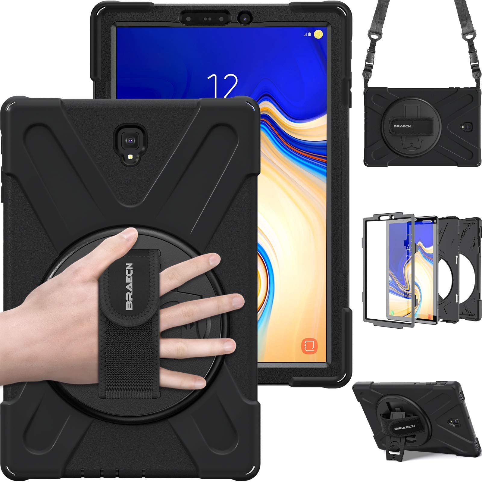 BRAECN Case for Samsung Galaxy Tab S4 10.5, [Shoulder strap] [Hand Strap] [Rototating Kickstand] Heavy Duty Shock-proof Protecitve Case for Galaxy Tab S4 10.5 2018 Model SM-T830/T835/T837, Black