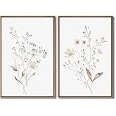 Boho Wall Art Set of 2 Watercolor Botanical Floral Picture Blossomy Wildflower Canvas Art Prints Minimalist Flower Wall Decor for Living Room Bedroom Bathroom Home Office Decoration, 16x24 Inch Framed