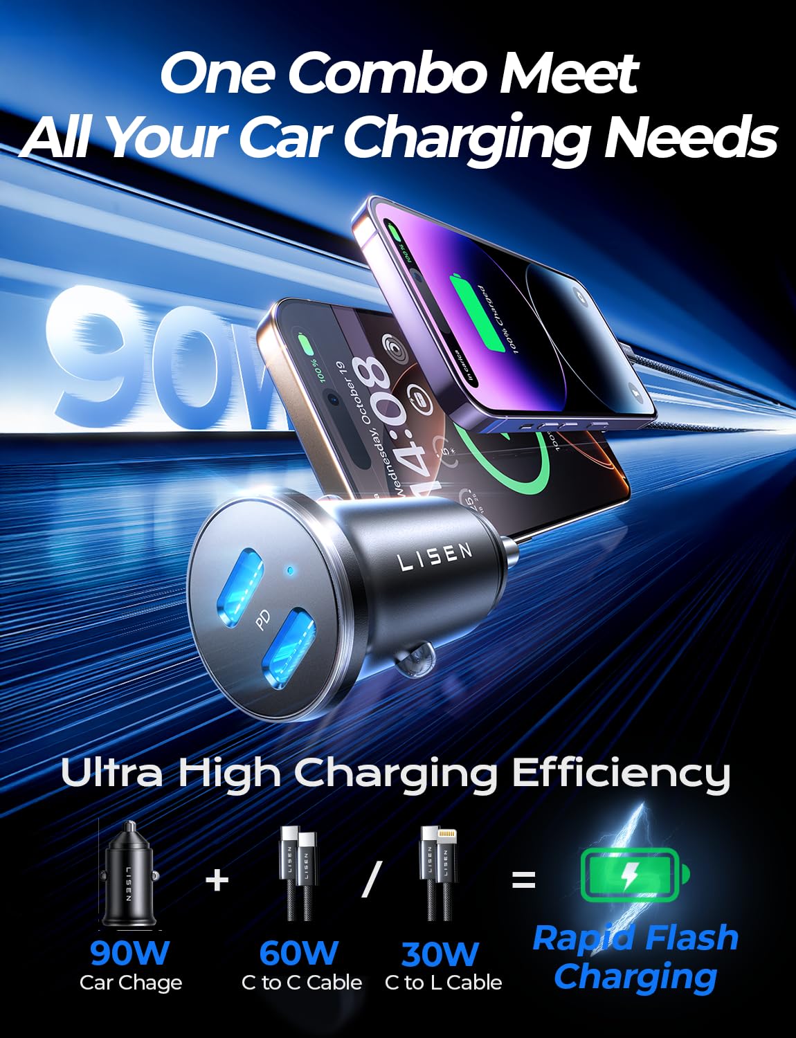 LISEN 90W for iPhone 17 Pro Car Charger USB C Fast Charge,Dual Fast Charging Port PD 45W USB C Car Charger Type C Adapter with 2 Cables [Lighning&USB-C] for iPhone 17 Pro Max/16/15/14,Galaxy S25/S24