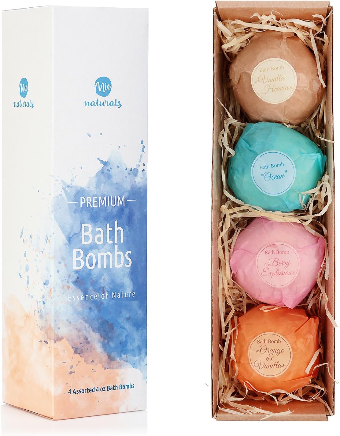 Mio Naturals Bath Bombs Gift Set – Handmade from Natural Ingredients – 4 Extra Fizzy 4 oz Bubble Bath Bombs – Ideal Gift Set for Her – Be it Mother's Day, Birthday, Anniversary or Valentines Day