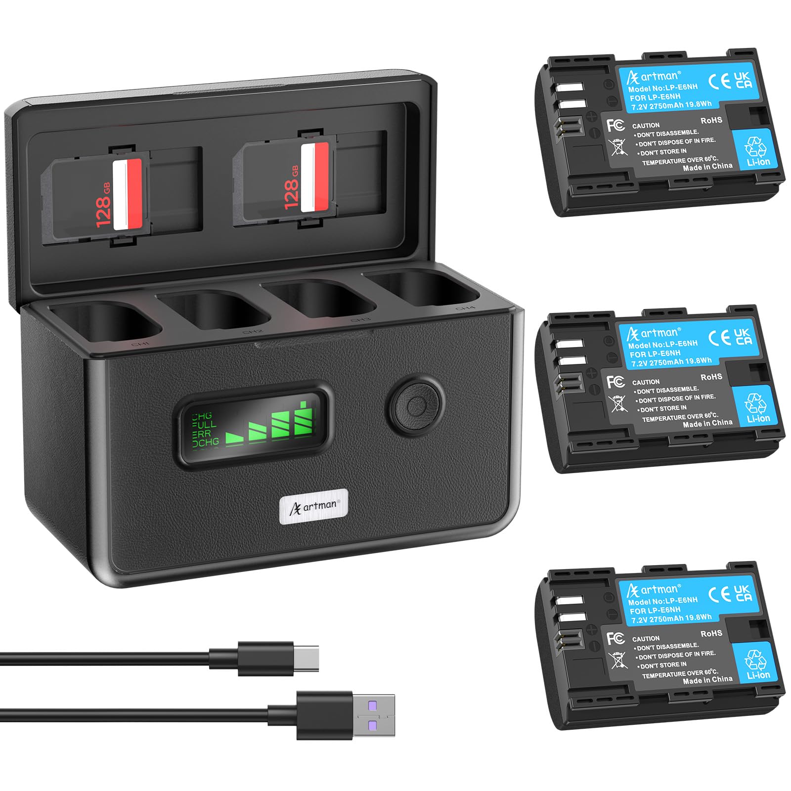 Photo 1 of **MISSING ALL BATTERIES**Artman LP-E6NH Battery 3-Pack 2750mAh and 4-Slot LCD Charger for Canon EOS R R5 R6 R7,R5 Mark II,R6 Mark II,5D Mark II III IV,5D SR,6D Mark II,7D Mark II,6D 7D 90D 80D 70D,60D DA,XC10 XC15 Cameras