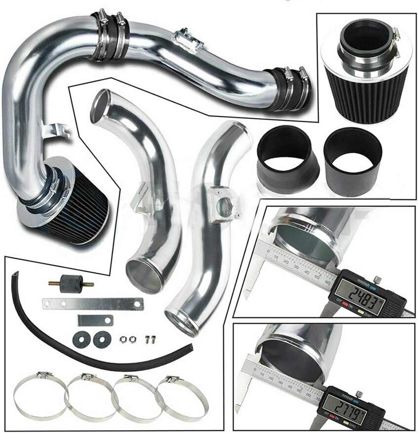 LucaSng for 2002-2007 Subaru WRX/STi 2.0L/2.5L Turbo H4 Black Performance Short Ram Air Intake System with Filter Kit in Polished Silver