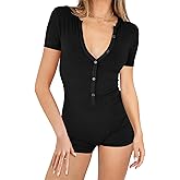 REVETRO Summer Short Sleeve Jumpsuits for Women Sexy V Neck Onesie Shorts Romper Y2k Pajamas One Piece Bodysuit
