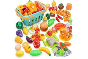 HOLYFUN 100 PCS Cutting Play Food Toy for Kids Kitchen, Pretend Fruit & Vegetables Accessories with Shopping Basket, Plastic Mini Dishes, Play Money, Perfect Educational Toy for Toddlers Boys & Girls