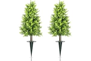 GOVIRAYE Set of 2 Boxwood Topiary Trees - 32" Artificial Topiary Ball Tree with Ground Spike, UV Resistant Fake Boxwood Bushes Outdoor Plants Shrubs for Front Porch Garden Enterway Home Decor