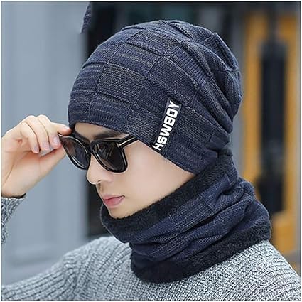 Amazon Co Jp Hmsh ハット メンズ冬のプラスベルベットニット帽子 ファッション帽子暖かい帽子 複数の色があります Color Blue ホーム キッチン