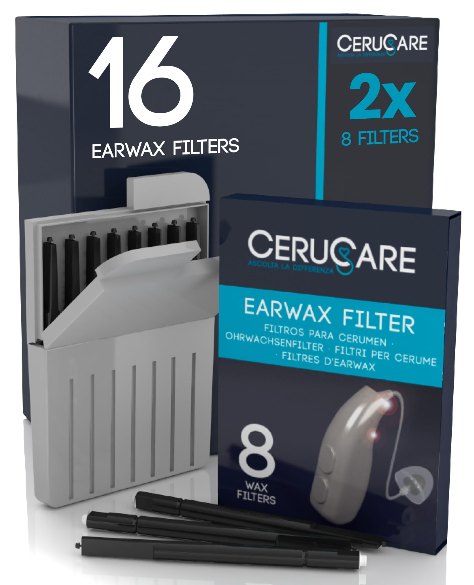 16 Earwax Filters for Hearing Aids CeruCare Wax Guard Diameter 1.3mm Quick and Effective Cleaning Protects Hearing Aid from Moisture and Dust with Resealable Hard Case