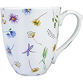 Yaparhill 14oz Bone China Coffee Mug Floral Bone Mug Cute Coffee Mug Teacup for Women Mom Friend (flower with grass)