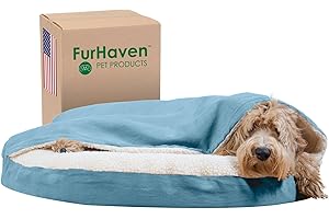 Furhaven 35" Round Orthopedic Dog Bed for Large/Medium Dogs w/ Removable Washable Cover, For Dogs Up to 50 lbs - Sherpa & Suede Snuggery - Blue, 35-inch