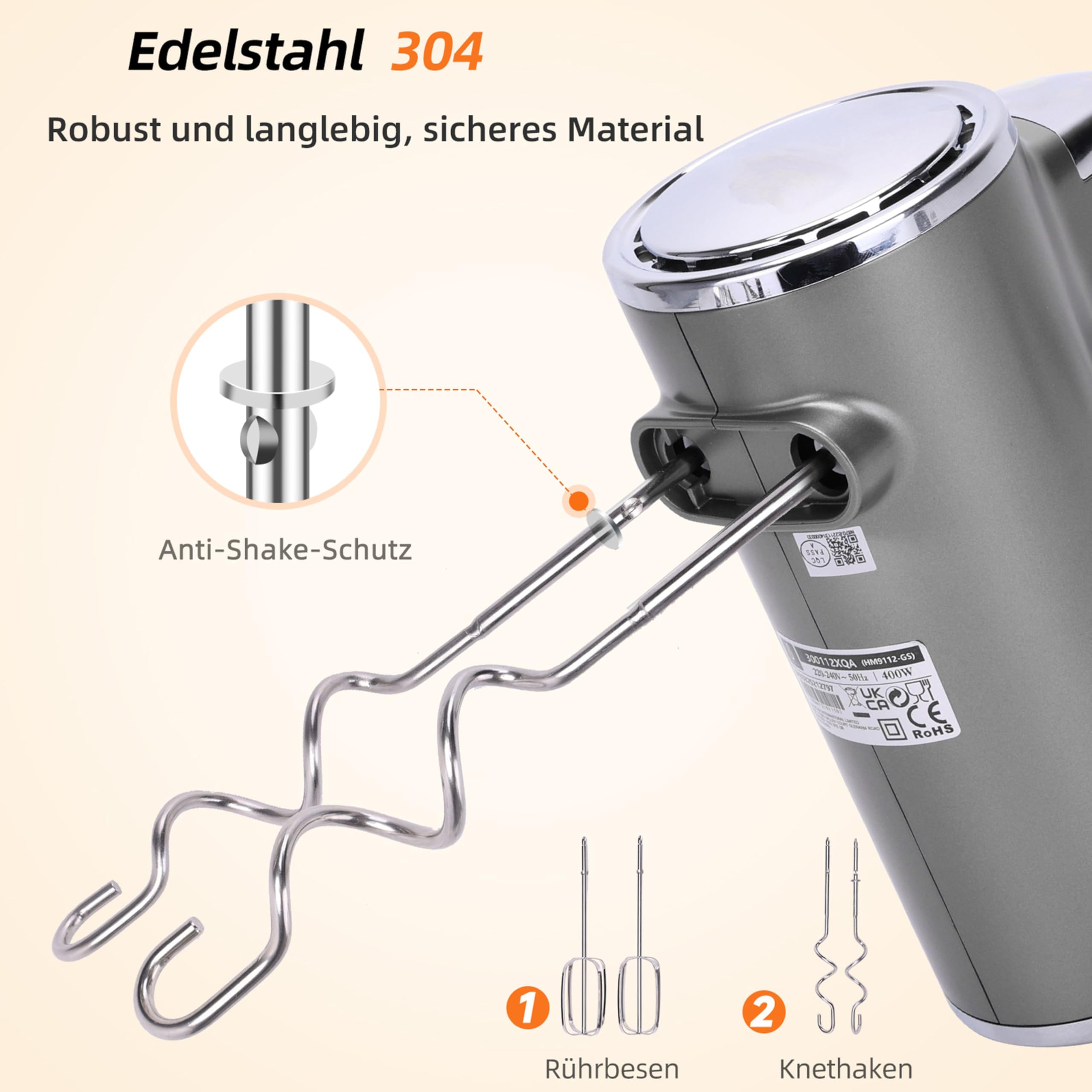 Aigostar Handmixer Elektrischer, 400 W Ultra Power Mixer Handrührer mit 1 Aufbewahrungshalterung, 5 Geschwindigkeiten, Turbo Boost, 2 Schneebesen und 2 Knethaken, für Eier, Teig, Kuchen.Adela 3