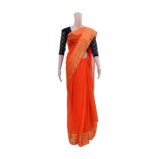 Womens Golden Plain Border Chiffon Light Fabric Design Saree with Banarasi in 6.30 Meter Full Length Blouse Piece (Orange)