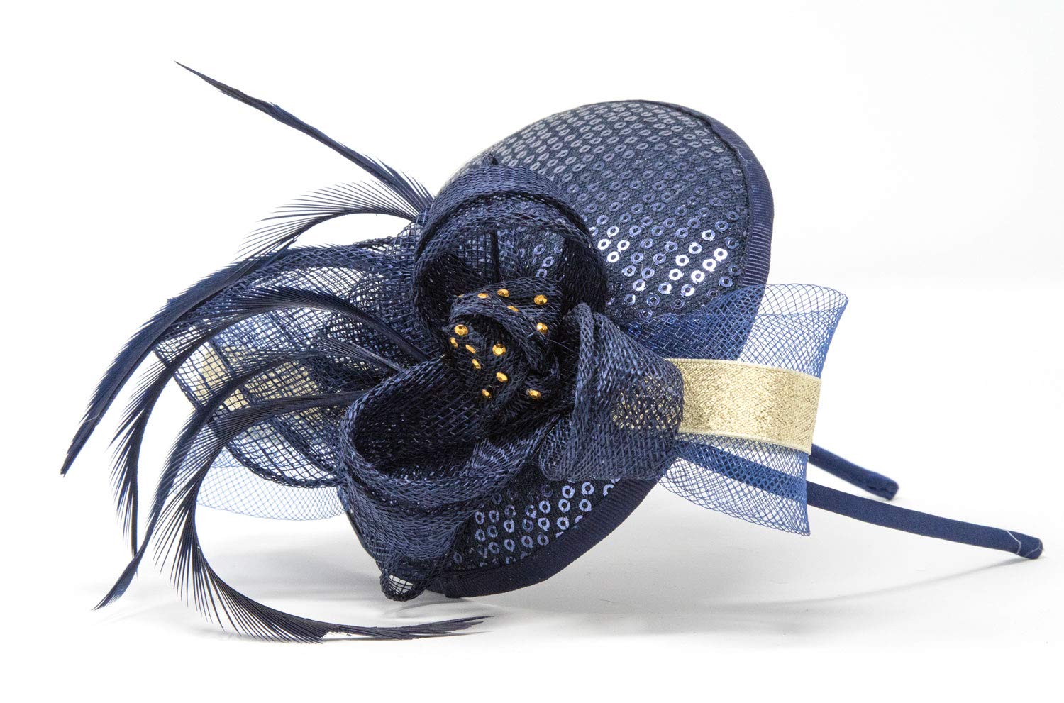 Navy blue sequin hatinator style fascinator with gold lurex trim on an