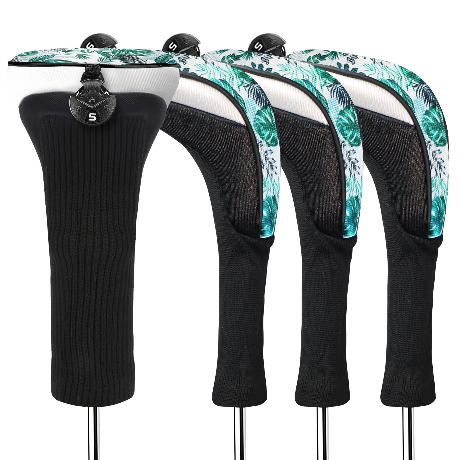 FINGER TEN Golf Club Head Covers Woods Hybrids Long Cover, Headcovers with Interchangeable No. Tags Fit All Hybrids Wood Clubs Light Durable (Green-4 Pack Hybrid Covers)