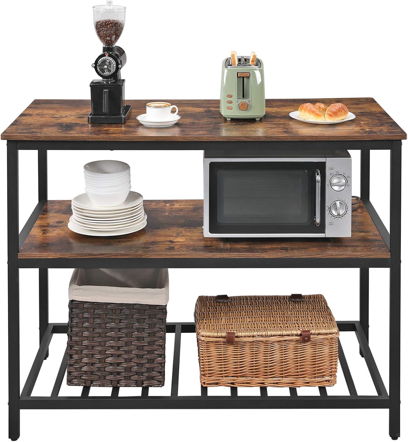 VASAGLE ALINRU Kitchen Island with 3 Shelves, Kitchen Shelf with Large Worktop, Stable Steel Structure, 47.2 x 23.6 x 35.4 Inches, Industrial, Easy to Assemble, Rustic Brown and Black UKKI01BX - Kitchen Islands & Carts
