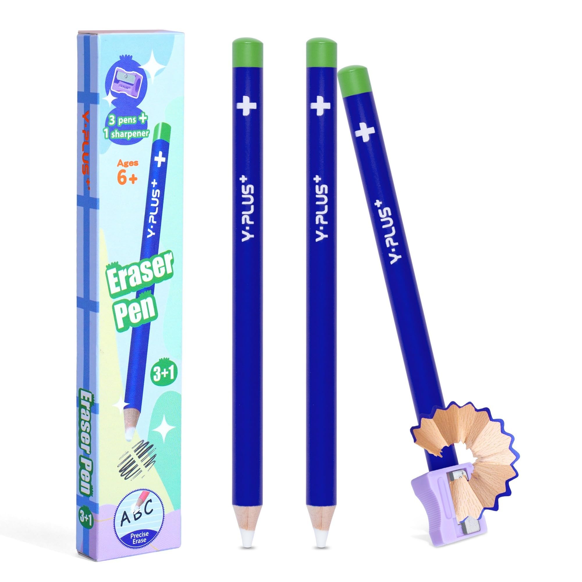 YPLUS Radiergummi – 3 Stück Präzise und saubere Radierung, ideal für Kinder und Schule, einzigartiges Stift-Design, inklusive Spitzer - Blau