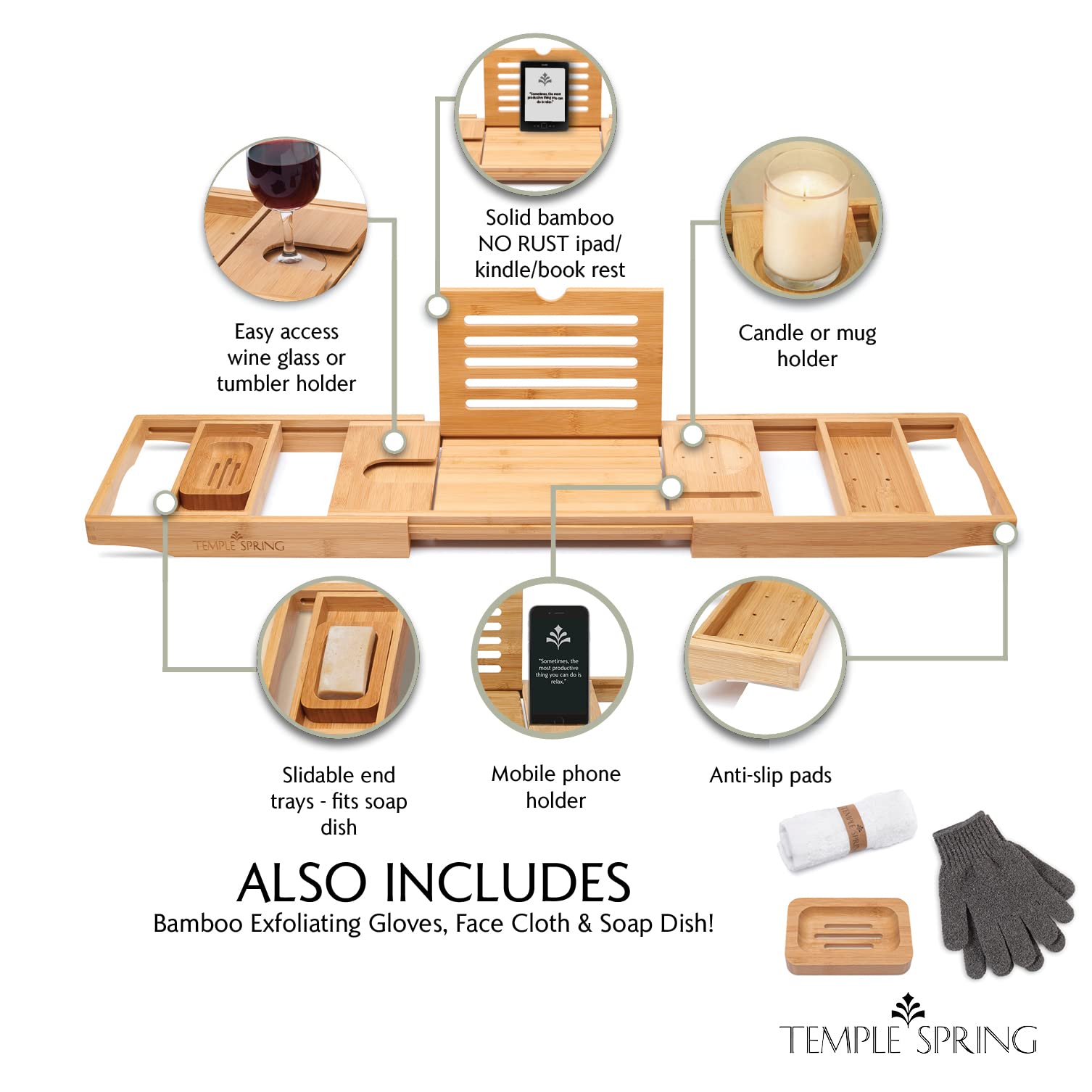 Temple Spring Wooden Bathtub Tray, Bamboo Bathroom Accessories, Bath Tray for Tub, at Home Spa Essentials, Board for Tub Table, Bath Caddy for Bathtub Accessories & Bathroom Essentials – Natural