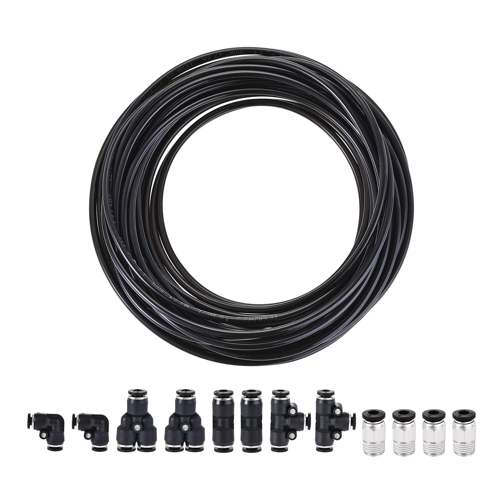 sourcing map Pneumatic 4mm OD PU Air Hose Tubing Kit 10M Black with Black Push to Connect Fittings