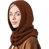 Hooded Scarf Hat Knit Balaclava Women Beanie Skull Cap with Drawstring Warm Winter Hats for Women Men Outdoor Sports