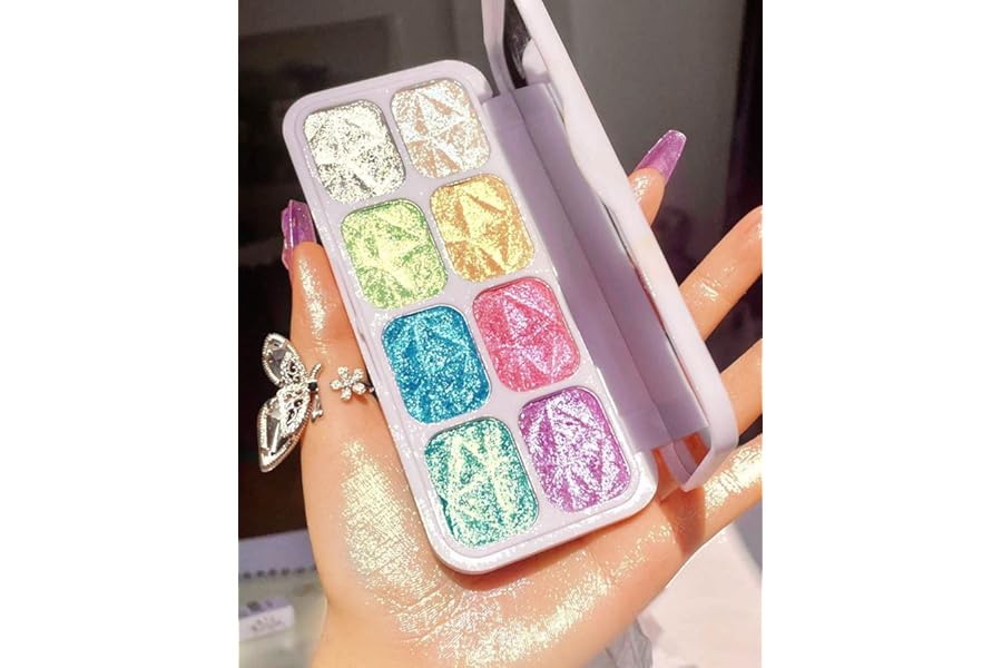 8 Color Face Cheek Highlighter Makeup Palette Shimmer Glitter Iridescent Multichrome Holographic Eyeshadow Palette Purple Rainbow Glitter Highlighter Makeup Highlight and Contour Chrome Eye Make up