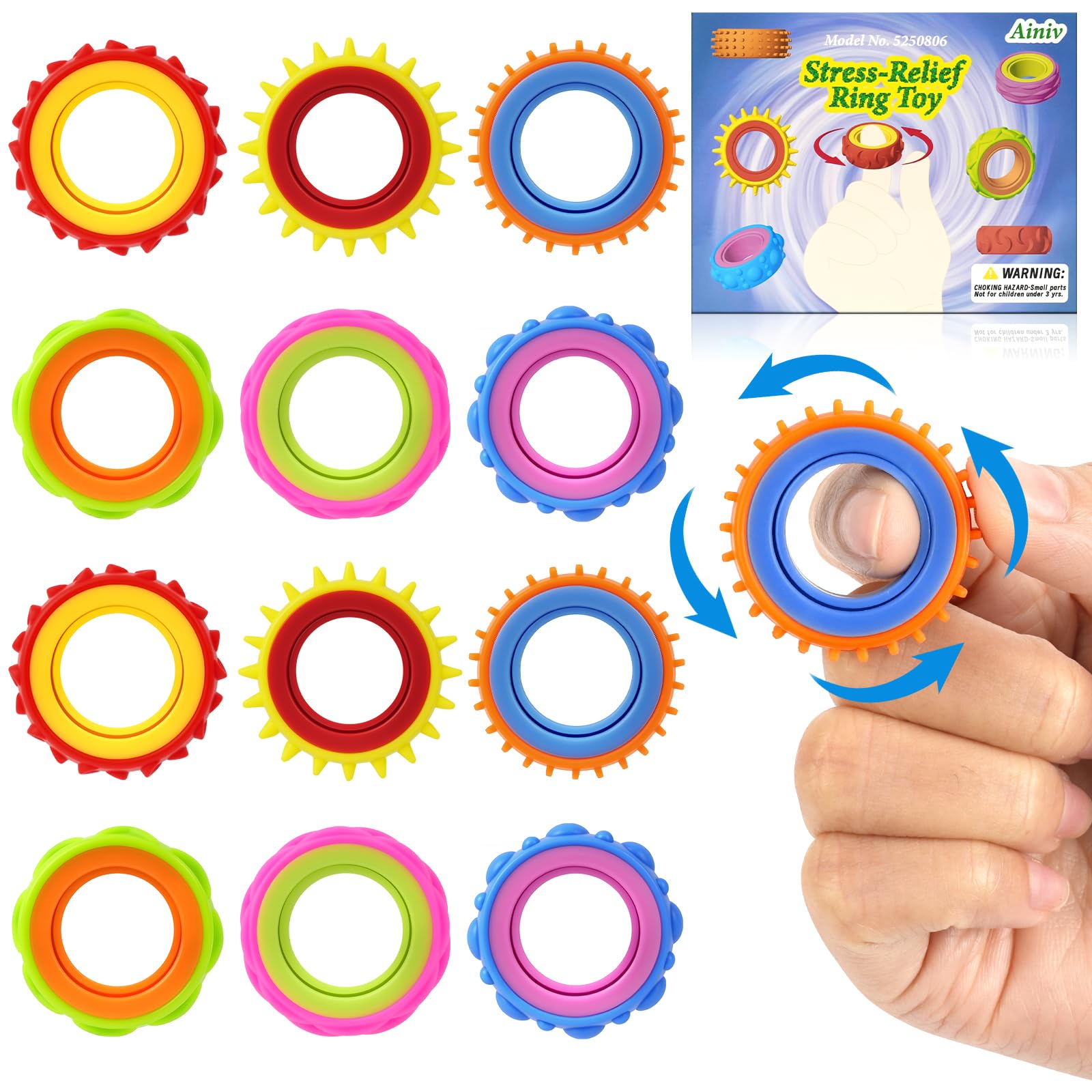 Ainiv 12PCS Fidget Sensory Rings, Anxiety & Stress Relief Finger Toys for Kids & Adults, Texture Stress Finger Toys for Autism Calming, Focus & Sensory Stimulation, Suitable for Classroom Office