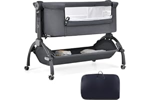 HONEY JOY Portable Baby Bassinet, 3-in-1 Bedside Sleeper Cradle w/Soft Mattress & Storage Basket, Newborn Infant Travel Crib w/ 7-Level Adjustable Height, 4 Lockable Wheels & Carry Bag (Gray)