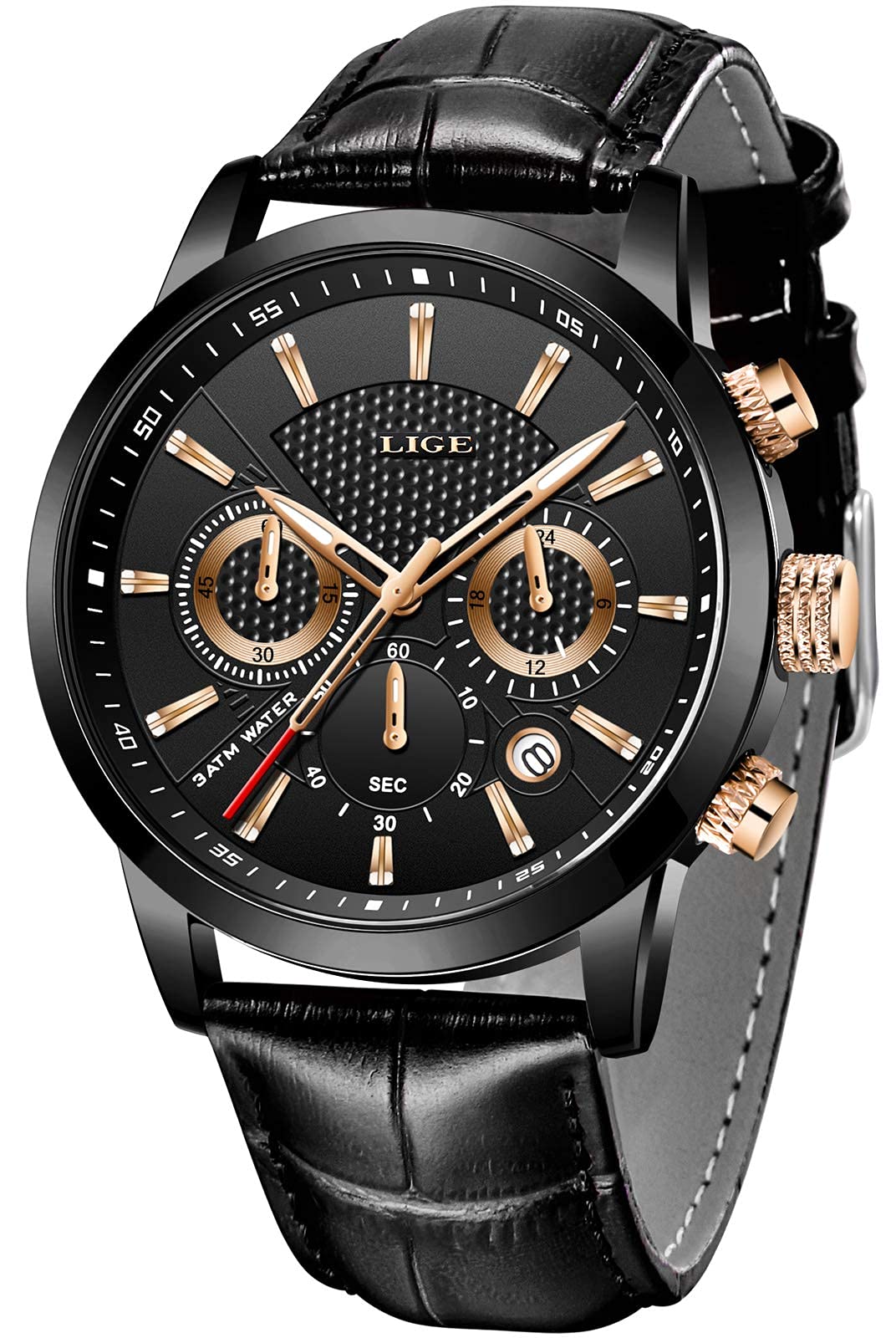 LIGE Men's Watches Fashion Luxury Sport Analog Quartz Chronograph Watch for Male Classic Casual Waterproof Elegant Black Leather Gents Dress Wristwatch Calendar Round Dial