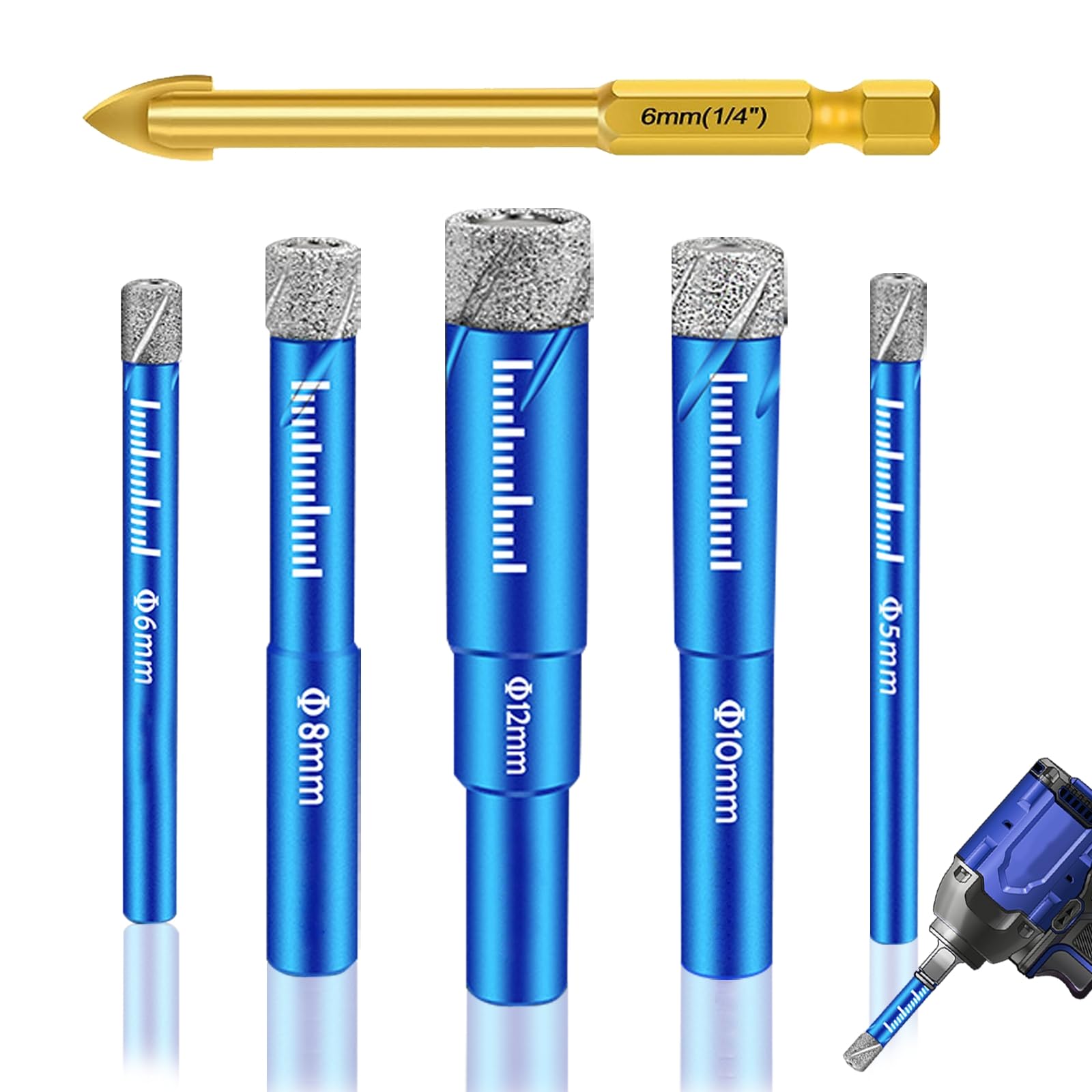 6 Piece Dry Diamond Drill Bits 5, 6, 8, 10, 12 mm Carbide Bits 6 mm for Porcelain Tiles Glass Ceramics Granite Marble Hard Diamond Tipped Drill Bit — image 1