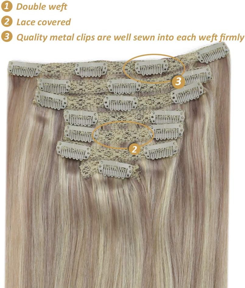 Ugeat Hair Extensions Clip ins Blonde Highlights Clip in Hair Extensions Real Human Hair Ash Blonde Highlights Bleach Blonde Human Hair Clip in Extensions Full Head 14 Inch 105g 7pcs - Image 5
