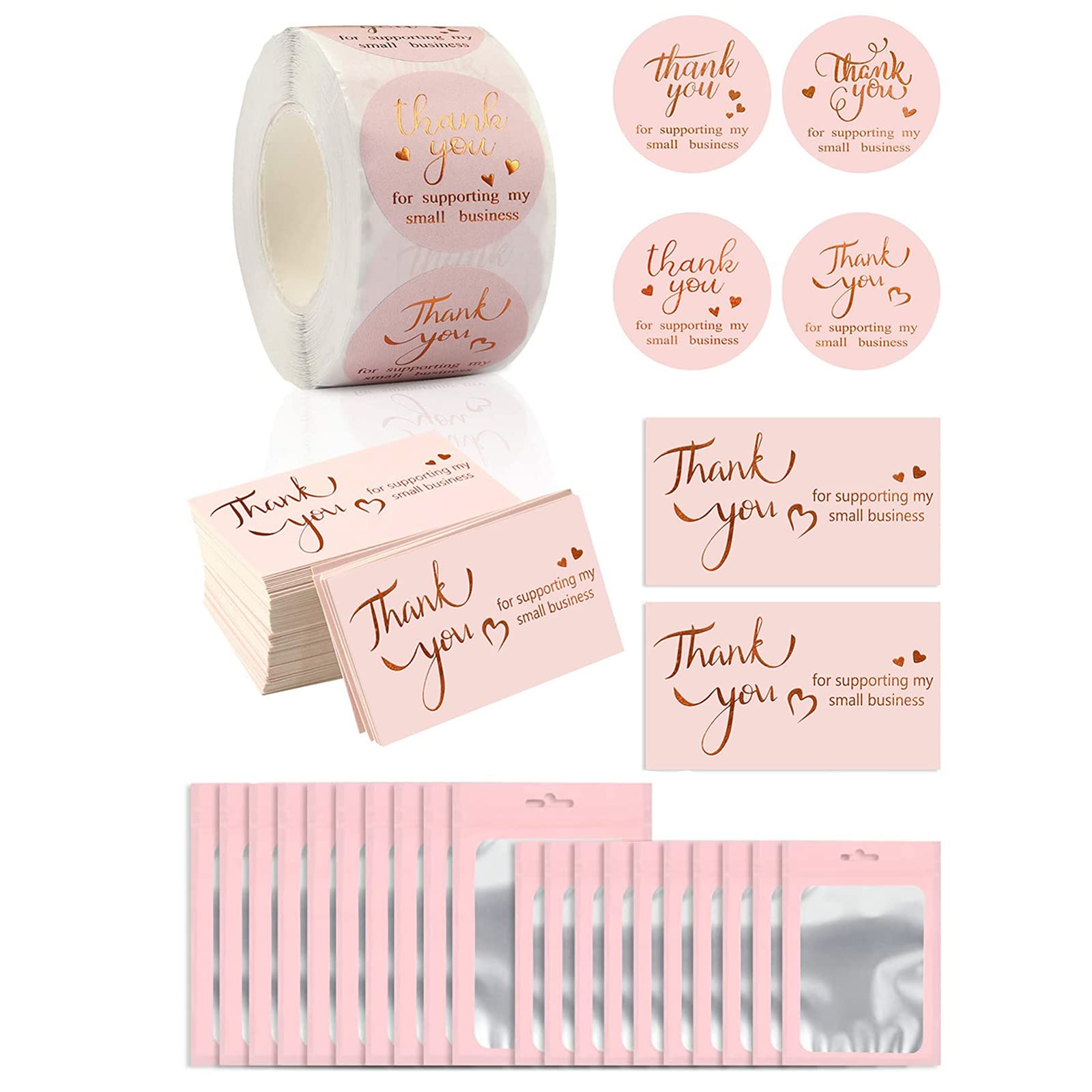Vokowin 620pcs Thank You Business Card, 100pcs Gold Foil Thank You for Supporting My Small Business Cards 500pcs Thank You Stickers, 20pcs Smell Proof Bags (K94-1)