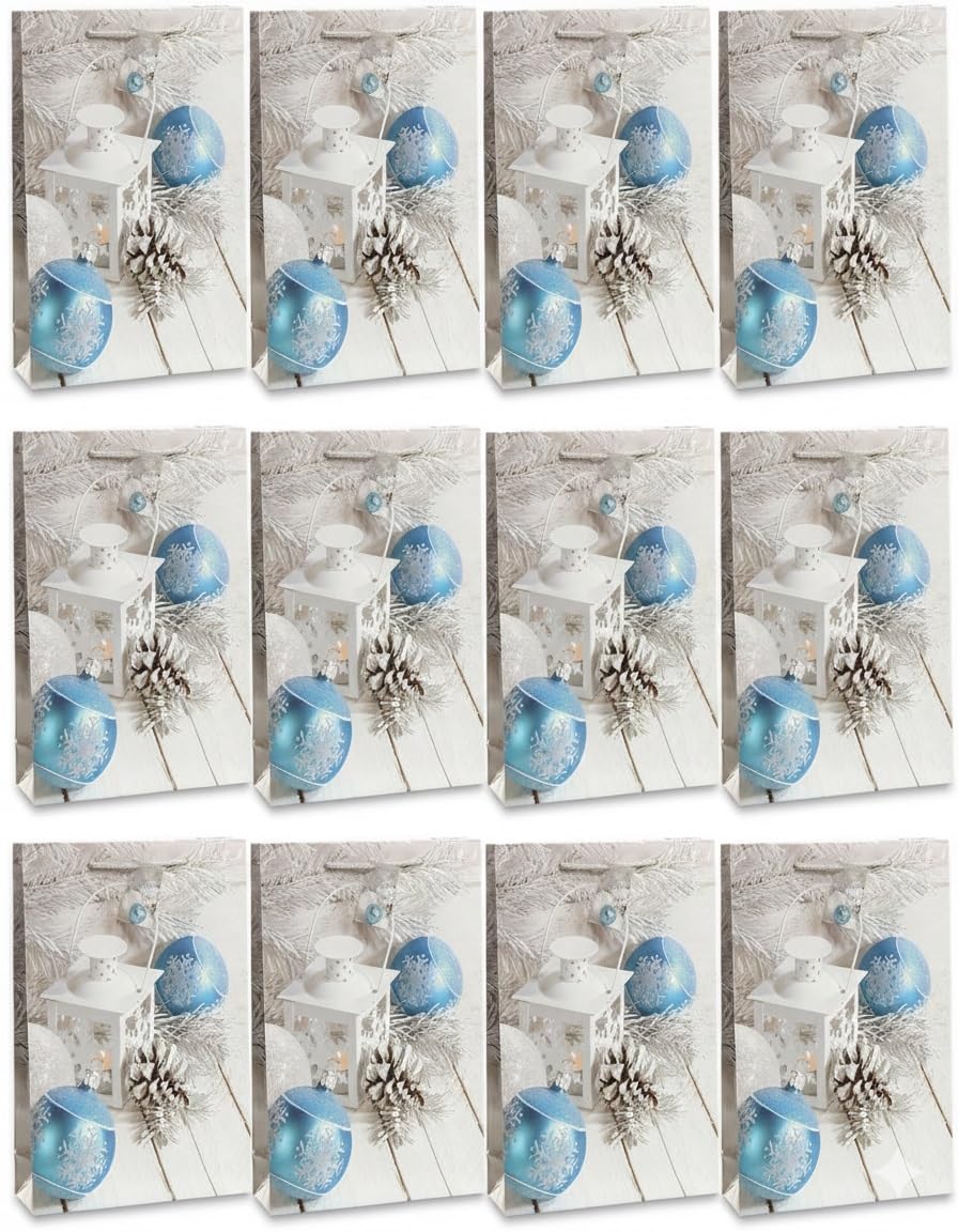 Bambelaa! Pack of 12 Christmas gift bags, large paper bags, Christmas bags, 157 g paper, white, blue, shiny (approx. 25 x 8.5 x 34 cm)