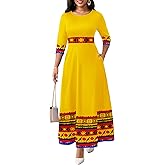 FANDEE Casual Maxi Dresses for Women Elegant 3/4 Sleeve Round Neck Africa Print Church Dress with Pocket