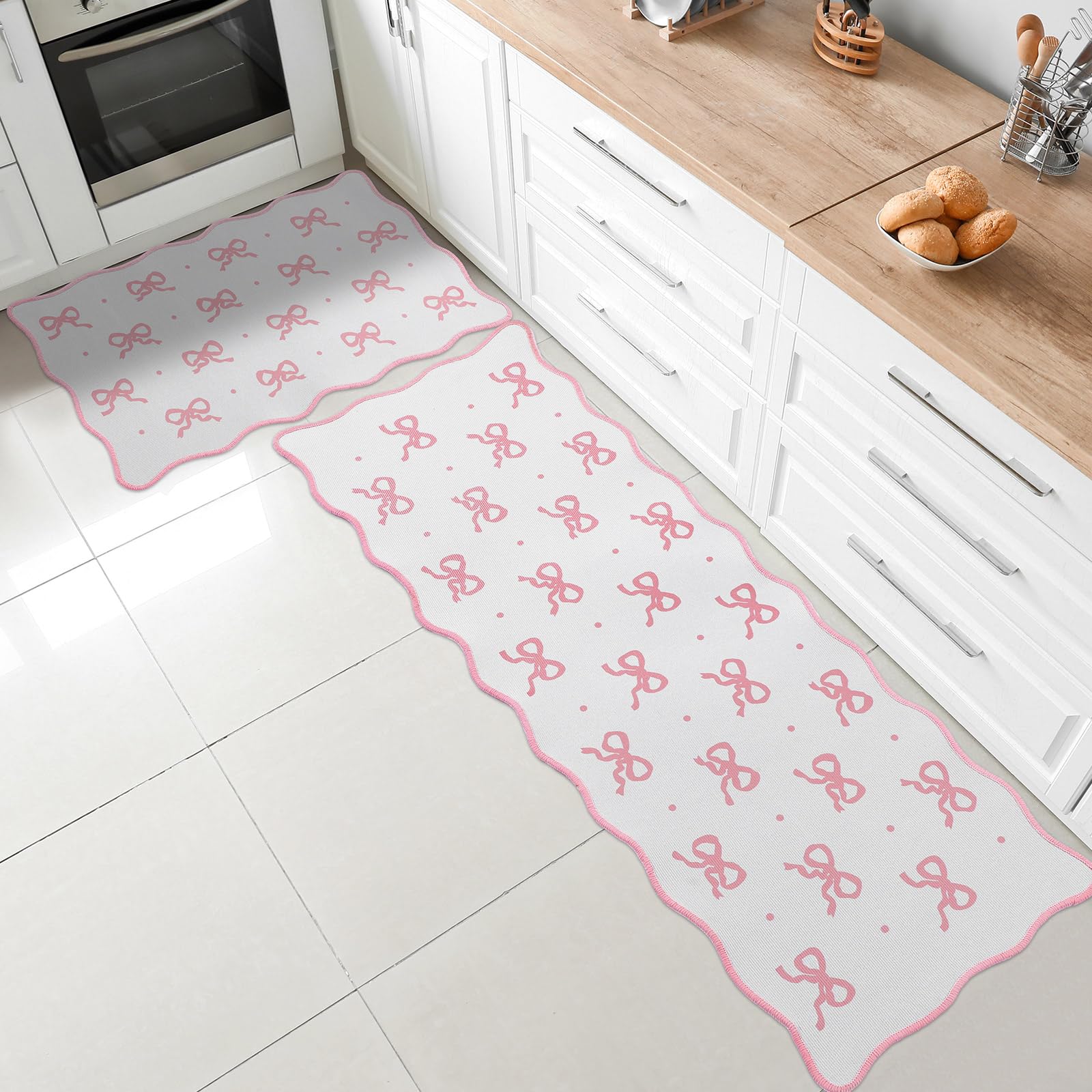 Photo 1 of Tinideya Pink Bow Kitchen Rug Mat Set of 2 Scalloped Cute Non Slip Kitchen Rug Coquette Aesthetic Room Decor Preppy Carpet Mat for Office Floor Sink Laundry 17" x 30", 17" x 47" POLKA DOTS NOT BOWS 