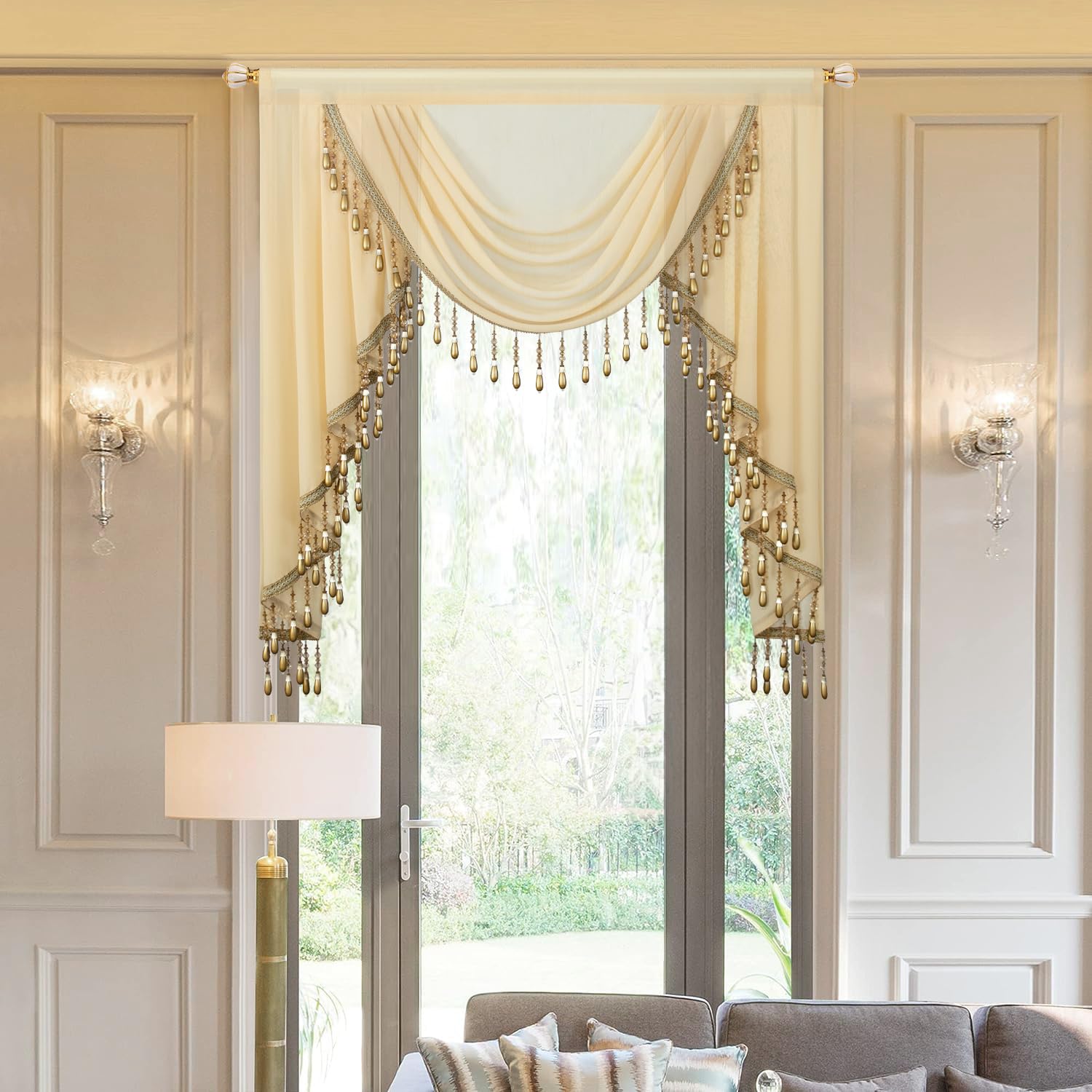 Photo 1 of VOGOL Vintage Style Waterfall Valance, 39 Inches Wide Soft Touch Sheer Drapes for Living Room, Classical Rod Pocket Silky Swag Valance with Handmade Tassels, Brown, 1 Panel