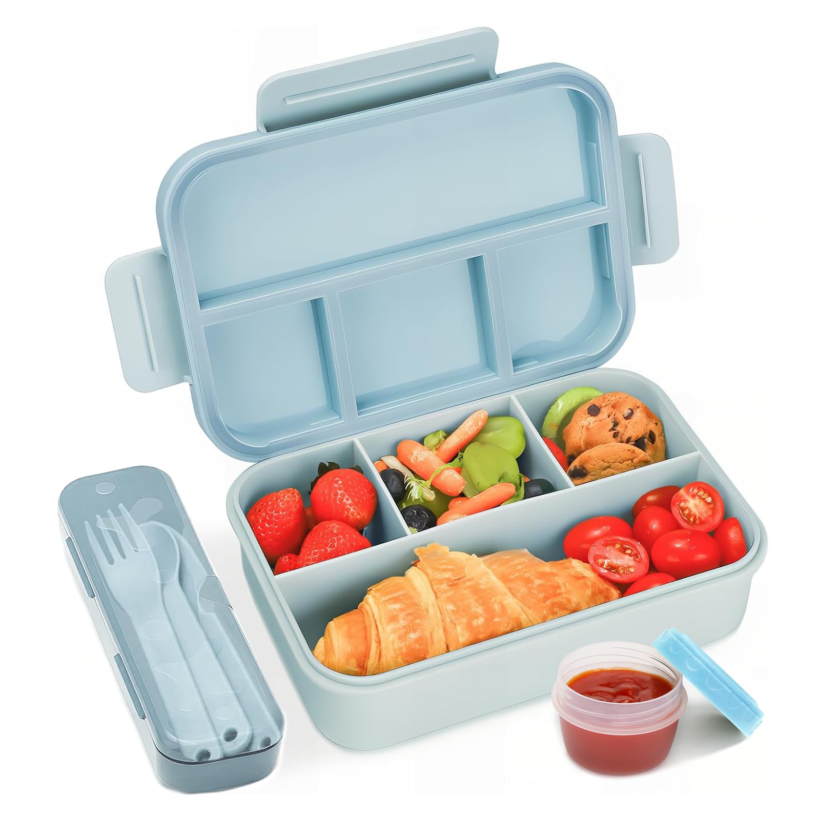 Bugucat Leak-Proof Bento Lunch Box 1300ML - 4 Compartments with Cutlery for Kids, Adults - School, Kindergarten, Office Snack Box, Blue