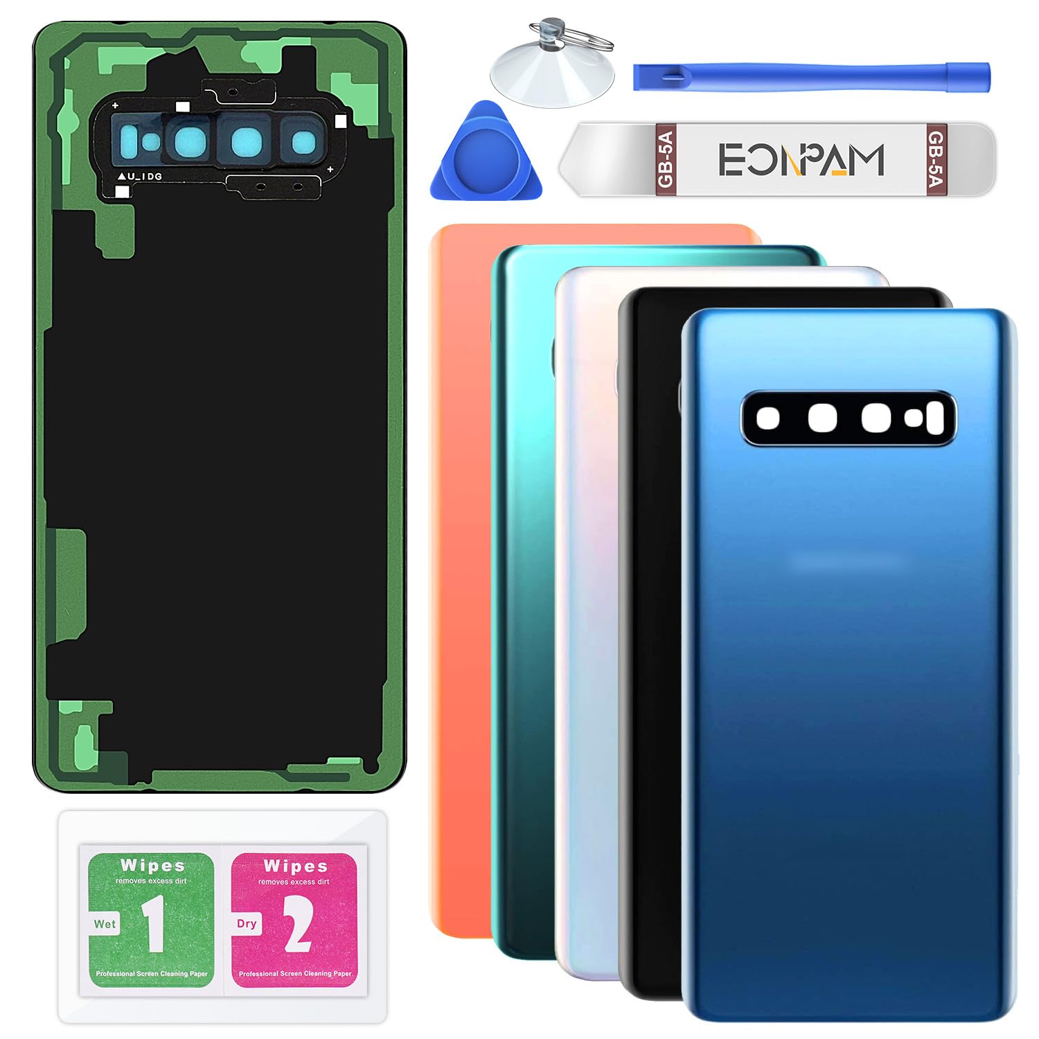 Eonpam Back Cover Glass for Samsung Galaxy S10+ Plus G975 Rear Glass Replacement with Camera Lens + Repair Kit Genuine Rear Housing (Prism Blue)