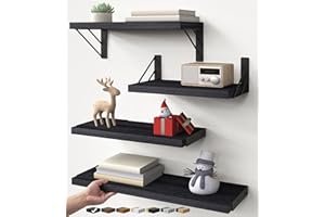 BAYKA Wall Mounted Floating Shelves, Wood Floating Wall Shelf for Books & Decor, Small Space-Saving Display & Organizer（Black，Set of 4）