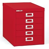 Bisley 5-Drawer Steel MultiDrawer Cabinet - Cardinal Red | Chrome Pull Handles with Label Holders, Powder-Coated Steel, Removable Drawers, Desktop Storage, Labels Included