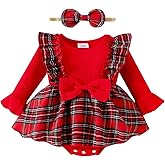 DOMOABEI Baby Girl Clothes Cute Plaid Romper Dress Ruffle Long Sleeve One-piece Jumpsuit Bodysuit with Bow Headband