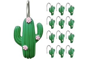 Sunlit Tropical Cactus Decorative Shower Curtain Hooks, Green Cactus Flowers Blossom Shower Curtain Rings, Resin, Summer Bath