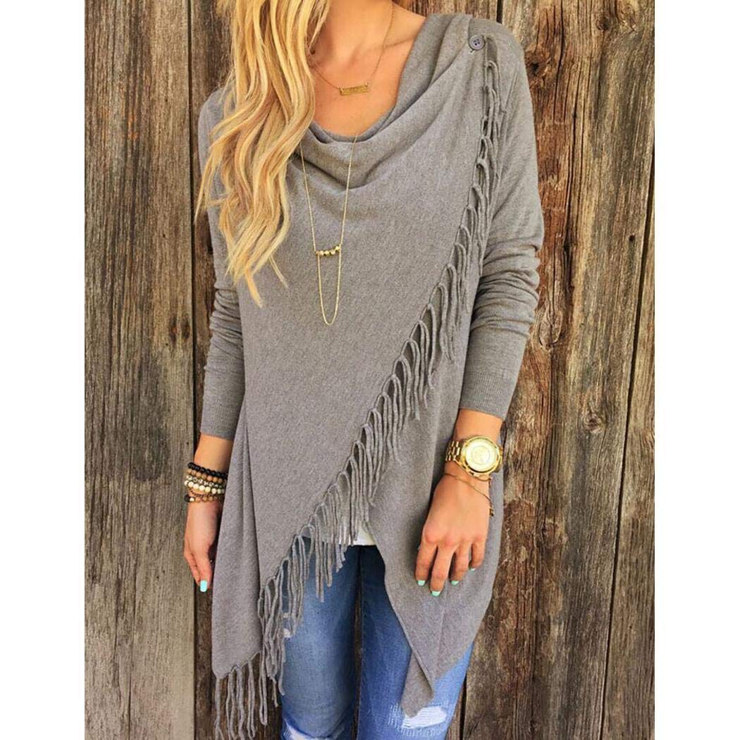 Weardear Women\'s Shawl Fringe Tassel Hem Open Front Cardigan Pullover Knit Sweater Coat Outwear Grey