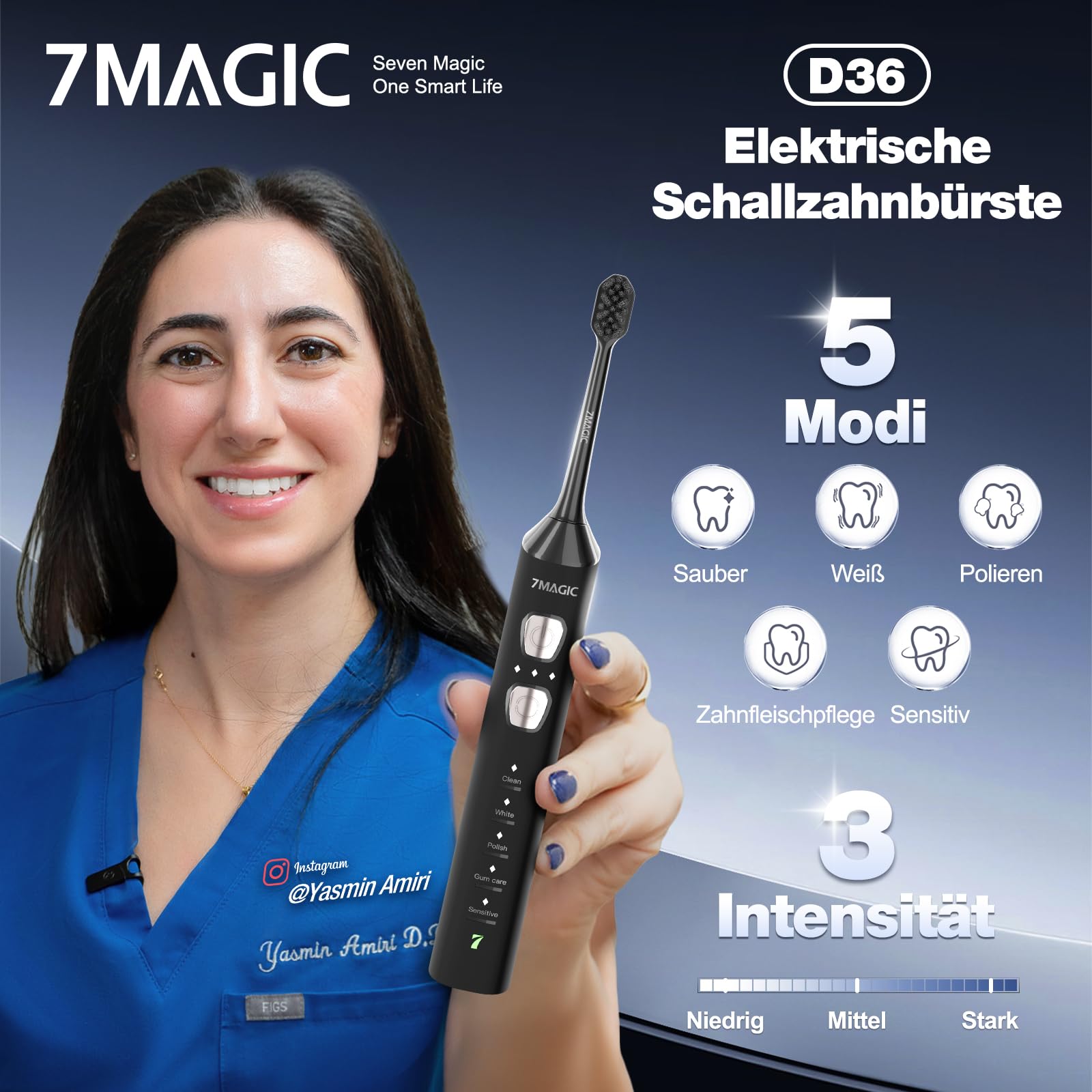 Elektrische Zahnbürste, Schallzahnbürste, Leise Zahnbürste Elektrisch Mit 3 Intensitäten 5 Modi, 40000VPM, IPX7, Zahnbürste Mit 180 Tagen Akkulaufzeit Und Timer, Schwarz 2