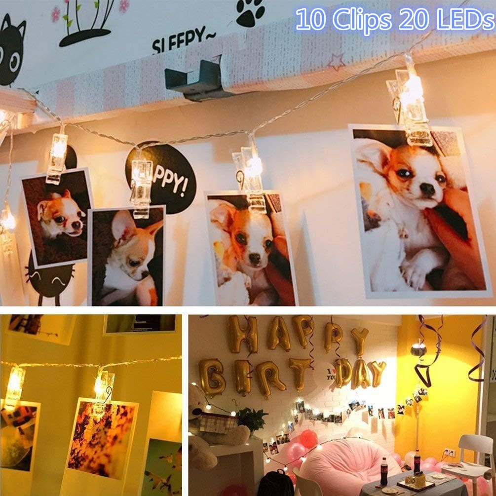 Photo Clip String Lights,Juhefa Battery Powered 20 LEDs Fairy String Lights with 10 Clear Clips for Christmas/Hanging Pictures/Party/Halloween Decor (Warm White)