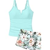 TyeSmo Girls Swimsuit V-Neck Cutout Tankini Tropical Print Swimwear with Shorts 2 Piece Bathing Suit for Girls 7-16Y