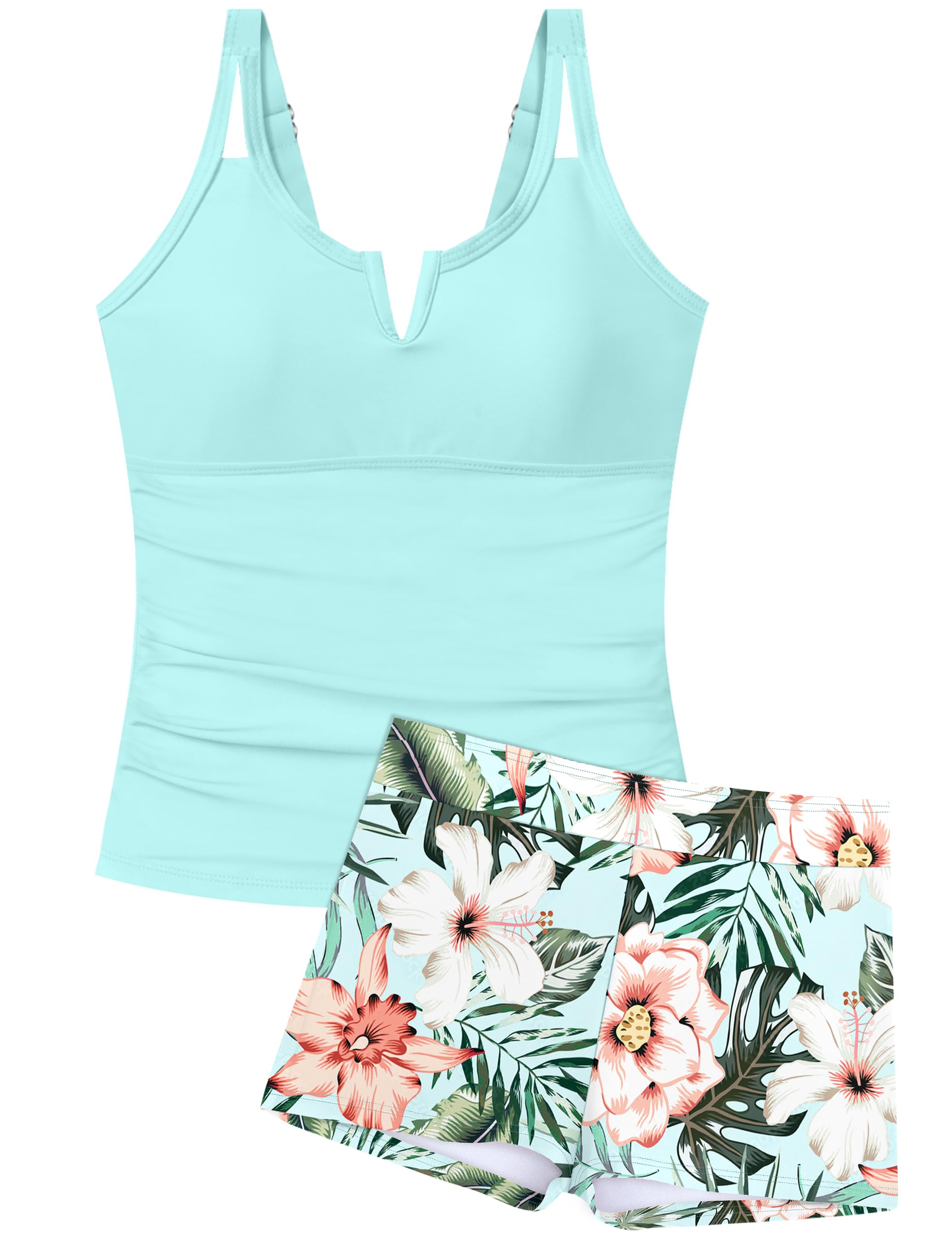 Photo 1 of TyeSmo Girls Swimsuits Size 14-16 Swimsuits for Teen Girls V-Neck Cutout Tankini Size 14-16 Tropical Floral Swimwear with Shorts 2Pcs Teen Bathing Suits for Girl 14 16 Mint Green