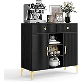 OBEKANN Black Sideboard Buffet Cabinet with Adjustable Shelves, Modern Storage Cabinet with Drawers and Doors, Sleek Buffet for Dining Room, Living Room, Entryway, 39.4 Inch